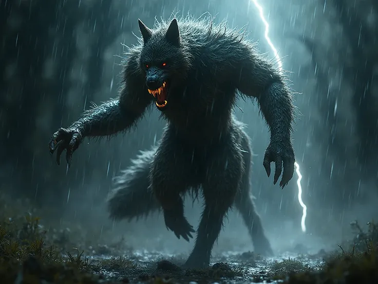 An ancient Skinwalker spirit dancing in thunderstorm, shifting between wolf and fox forms with lightning illumination, dynamic m...