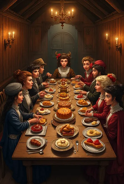 Realistic antique comic style illustration of a Victorian tavern banquet. A long wooden table full of pastries and magdalenas, w...