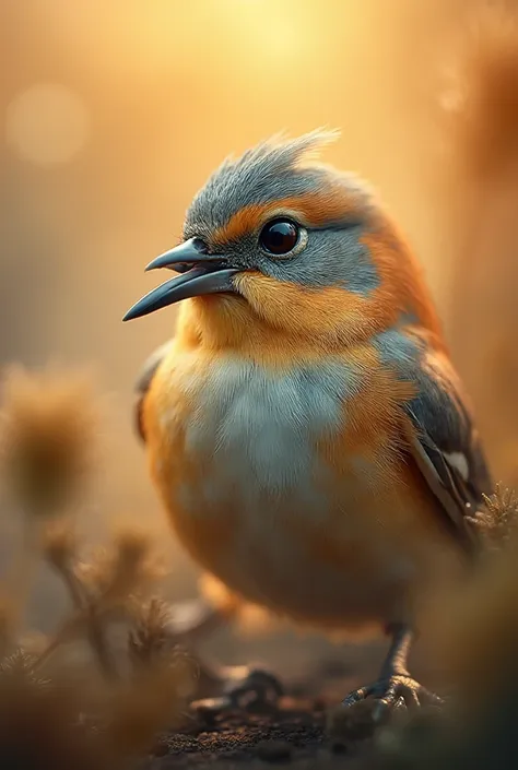 A mesmerizing close-up portrait of a gorgeous little bird illuminated by the soft, golden light of a tranquil morning, with vibr...