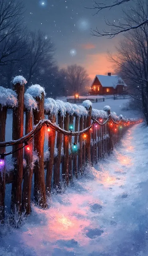 A watercolor of melancholic atmosphere that represents a snowy wooden fence, adorned with Christmas lights at dusk. The posts ar...