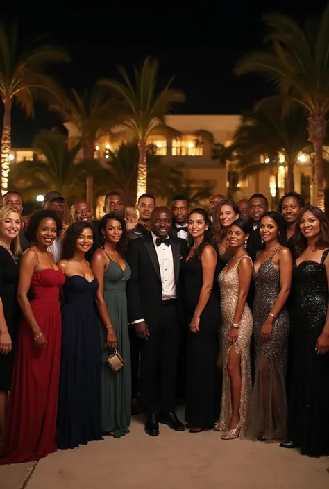 generate me a photo with my family and friends about 50 of  us standing outside of a Caribbean hotel in Grenada  in the night fo...