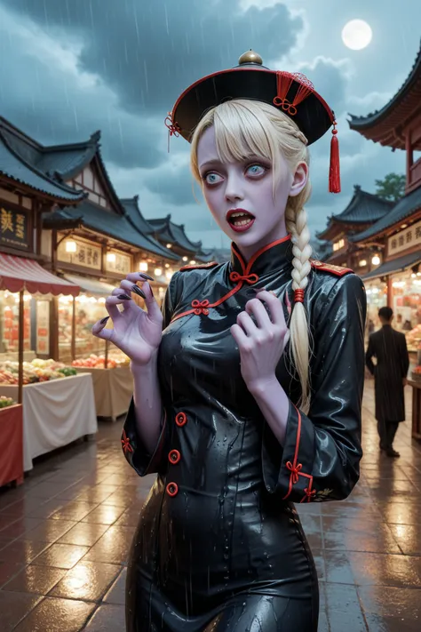 1girl,belfast \(azur lane\) is jiangshi,ofuda, fangs, qingdai guanmao,purple skin,long_fingernails,black_nails,bright_pupils,emp...