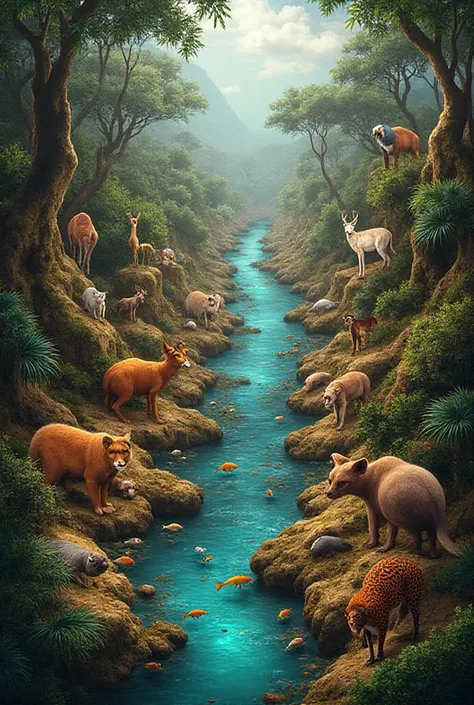 Create an image with the animals from Caatinha: cotia, shrimp, Preá, veado, tatu, ararinha azul, anteater flag, Maned Wolf, tatu...