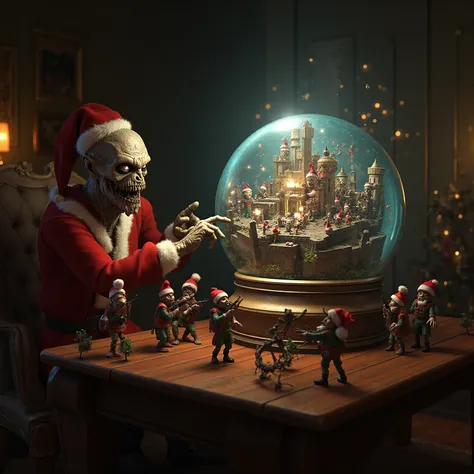 Pixar 3D realistic style, cinematic front view, dimly lit cozy living room at night, a grotesque yet slightly cartoonish zombie ...