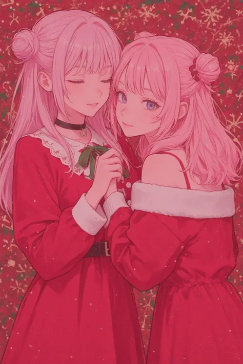 2 girls , a cold faced black girl and a long pink haired girl with a long bun 2 side innocent faces , wearing a red Christmas dr...