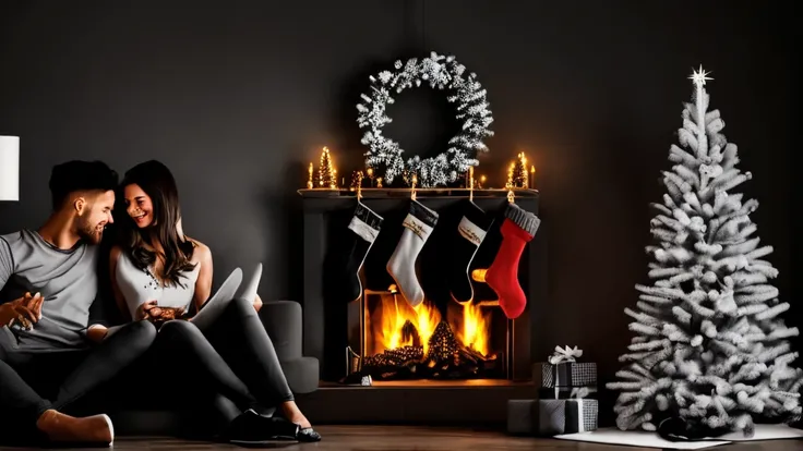 black and white Christmas card, illuminated christmas tree, reunited family or couple, contraste elegante, sombras suaves, class...