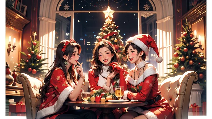 illustrated Christmas card, Stylized Christmas Tree, Friends celebrating around, soft strokes, paleta pastel, modern art style, ...