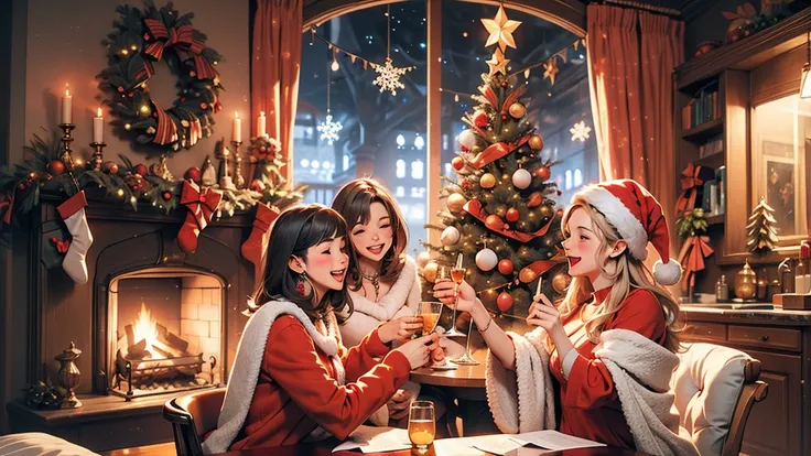 illustrated Christmas card, Stylized Christmas Tree, Friends celebrating around, soft strokes, paleta pastel, modern art style, ...