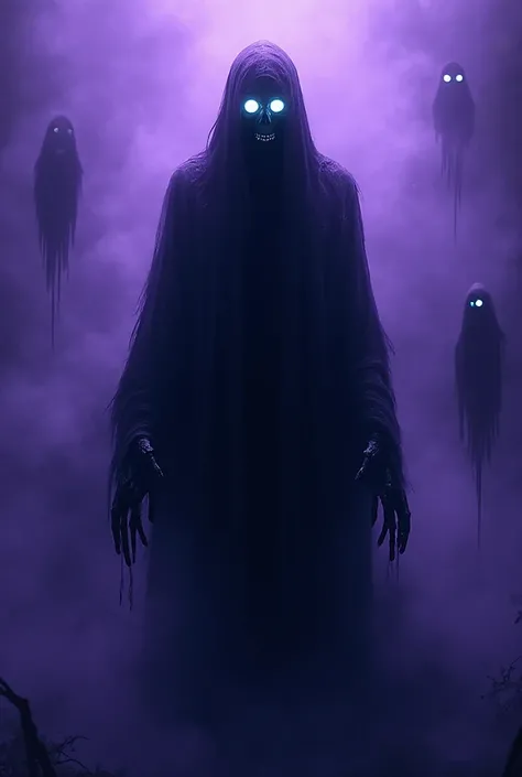 A tall, ghostly figure embodying Death, standing in swirling purple mist. Long, tattered dark robes drift as if underwater. The ...