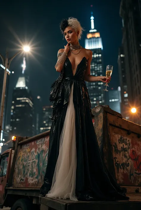 8K fashion photo shoot, a spectacular half-platinum hairstyle, half black, model in a black and white two-tone evening dress: on...