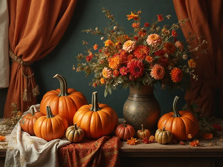 Staging an autumn-themed still life on a table with draperies, pumpkins and flowers in a vase in the style of Classical still li...