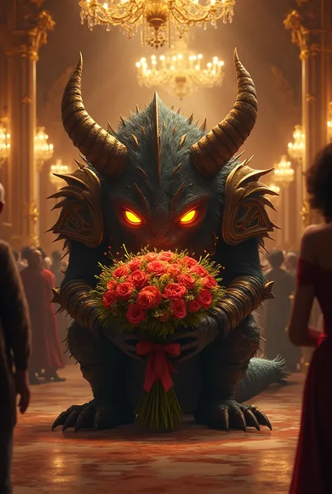 Shy elite monster at a royal ballroom, massive creature with glowing eyes, ancient armor, sharp claws yet timid posture, hiding ...