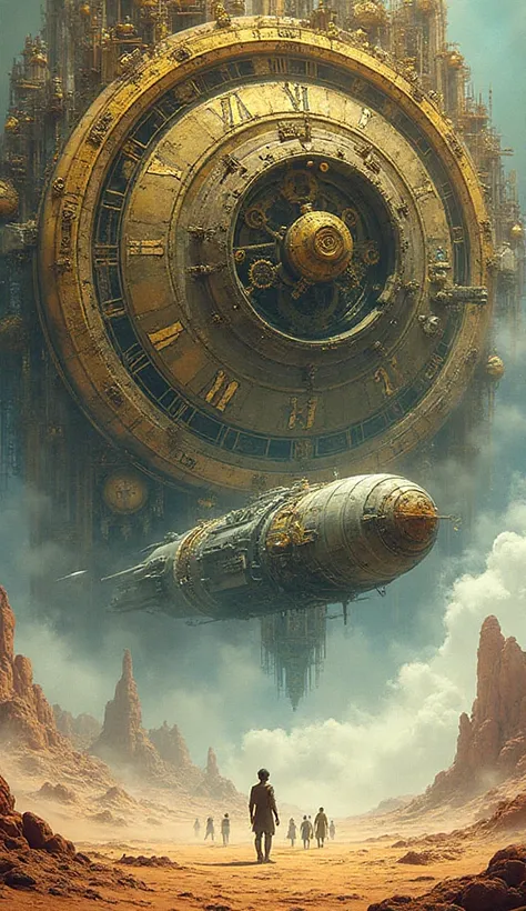 a vibrant, high-end, detailed illustration in the style of Jean Moebius Giraud of a solitary figure stands before a colossal, or...