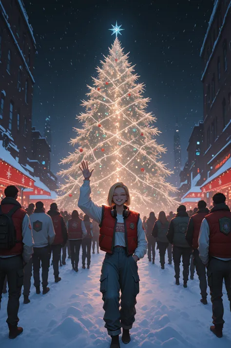 Android 18 standing tall waving hello, sarcastic-friendly smile, wearing red padded vest with denim panels and Christmas badges,...