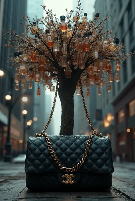 Chanel that it is in an environment of a city with a tree that the fruits are the Chanel perfume