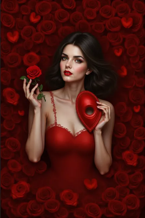 une vrai femme humaine de type féminine , qui tient dans une main une rose rouge , et dans l'autre main un masque de carnaval ro...