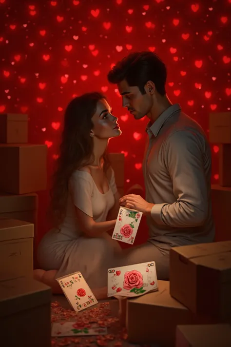 a real human woman and a real human man who are surrounded by moving boxes, On the cards a red rose is drawing , dans un fond de...