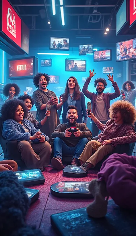 slv un affiche pour des produits electronique comme netflixe des jeux et ajoutant eds doldes avec des persone qui sont conrtent 