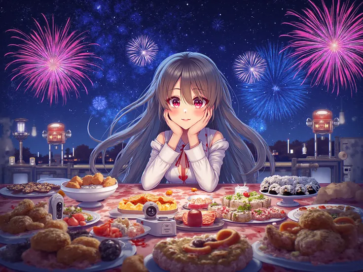 Highest Quality、masterpiece、Ultimate Details、Night Sky、 Fireworks、Party、table、tableの上の料理、Realistic Dogs、android、1girl、anime girl...