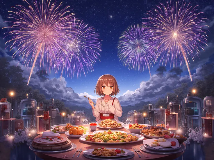Highest Quality、masterpiece、Ultimate Details、Night Sky、 Fireworks、Party、table、tableの上の料理、Realistic Dogs、android、1girl、anime girl...