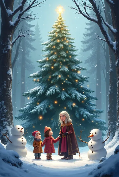 2 kids: boy and girl, An adult sorceress, 2 snowmen, stands in front of a Christmas tree in the winter forest and holds hands, T...