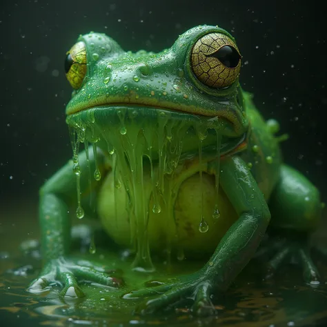 a green frog with a black background, alien frog, full of greenish liquid, beautiful frog, frog, cute frog, frog perspective, fr...