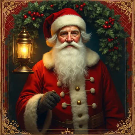 old European Father Christmas, Victorian red coat, warm lantern glow, holly wreath, aged scrapbook paper, red plaid textile patt...