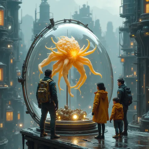 A highly detailed 3D render. The primary focus is on the contrast between the human figure, futuristic technology, and the alien...