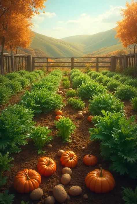 Draw me an autumn vegetable garden. It should have sprouted carrots, cabbage, potatoes and other vegetables in rows.