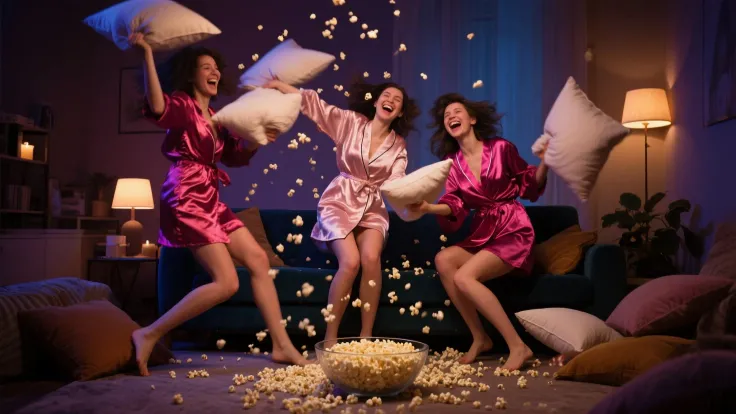 A hyper-realistic scene of a boisterous women's pajama party: spilled popcorn, a giggling trio mid-pillow fight, vivid silk robe...