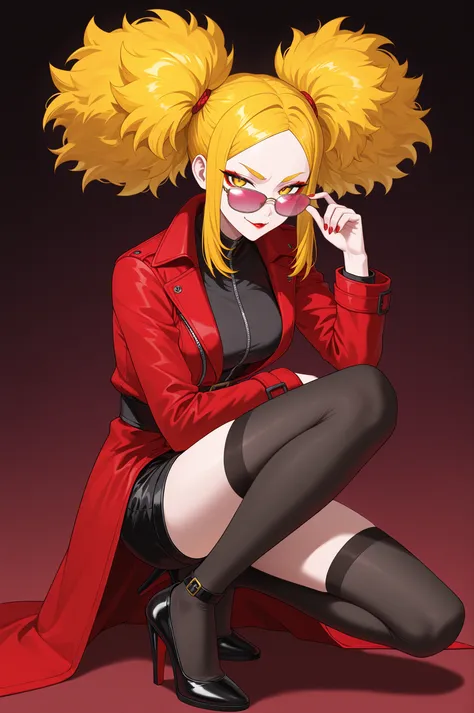 1girl, solo, ninga, shinobi, yellow hair, two pigtails, fluffy hair, yellow eyes, red lipstick, red eyeshadow, red coat, yelow t...