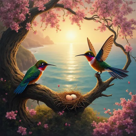 A high-quality painting of two colorful humming bird on the old tree's branch, beside a bird nest, 2 bird egg inside bird nest ,...