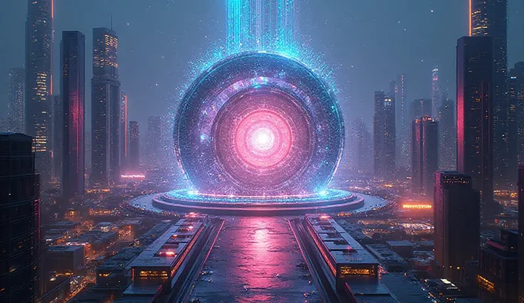 Big glowing energy core in the city center, rotating quantum color, neon mirror, dramatic lighting, sci-fi style, 4K ultra resol...