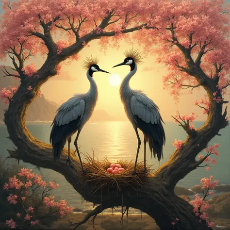 A high-quality painting of two grey crowned crane on the old tree's branch, beside a bird nest, 2 bird egg inside bird nest , fu...