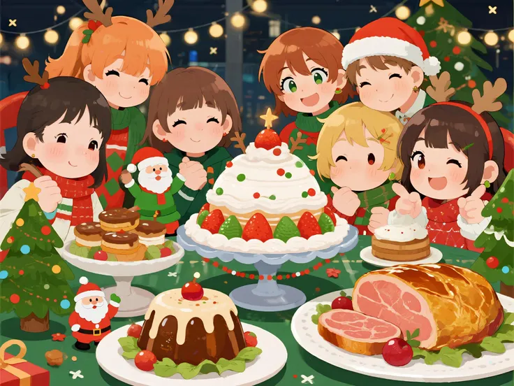 anime style Christmas card, table with colorful Christmas food, casal cozinhando, happy friends around the table, cute expressio...