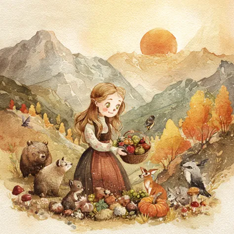 Watercolor (style), aquarelle, watery, transparent, bloom, water stain, pale colors. Deep in the mountains in autumn, a cute mou...