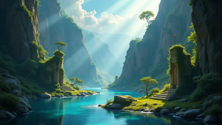 780. "During the Renaissance, a sapphire river winds through a canyon of sunlit stone, where shafts of radiant sunlight...