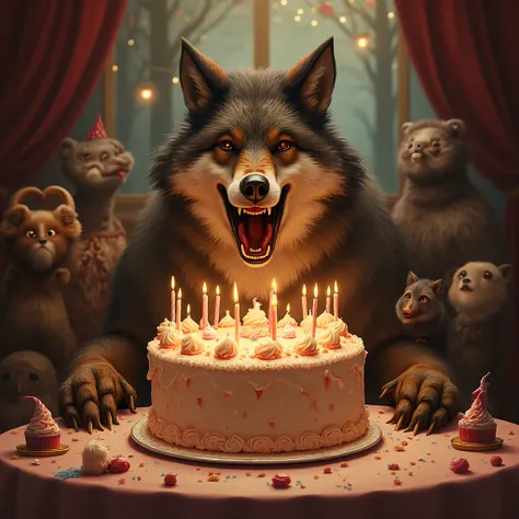 A realistic wolf sitting at a birthday table, eating an enormous cake in one bite, frosting and candles flying everywhere, party...