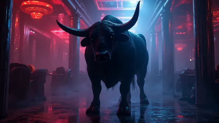 A cryptic bull in a shimmering nightclub