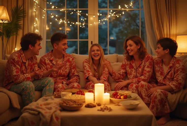 “An ultra-realistic horizontal wide-angle scene of a cozy pajama party in a modern living room. Five to six young people (20-25 ...