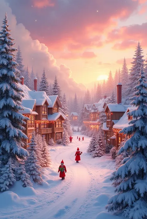 🛷 2. Santa’s Village Morning Scene
“Snowy Santa’s Village at sunrise, pink and golden sky, smoke coming from chimneys, elves wal...