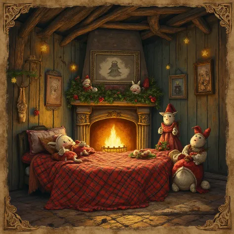 vintage junk journal fantasy christmas elf bedroom, glowing runes on fireplace, plaid enchanted blanket, wooden cabin with magic...