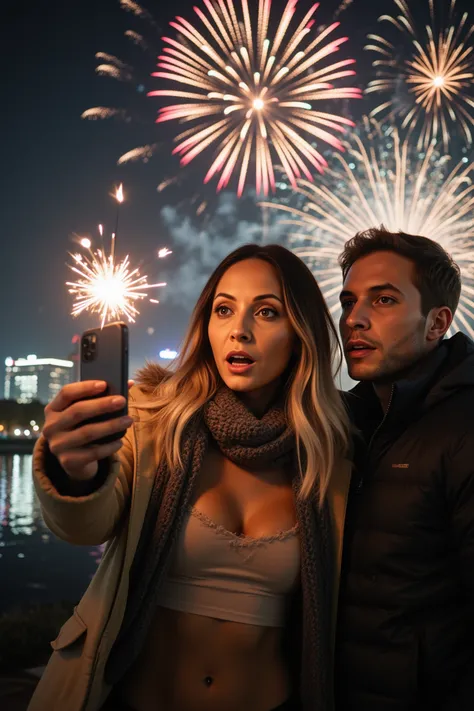 A cinematic selfie view handheld by the woman under shimmering fireworks exploding in night sky over city park lake reflecting b...