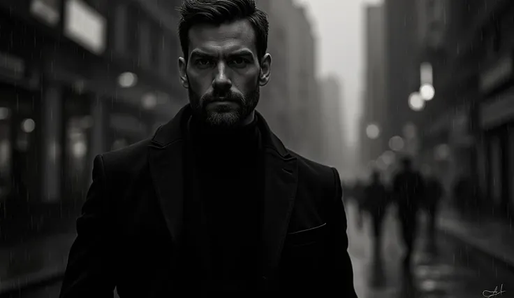 A handsome 35-year-old man with a thin well-trimmed beard, wearing elegant all-black attire, standing in a modern noir setting, ...