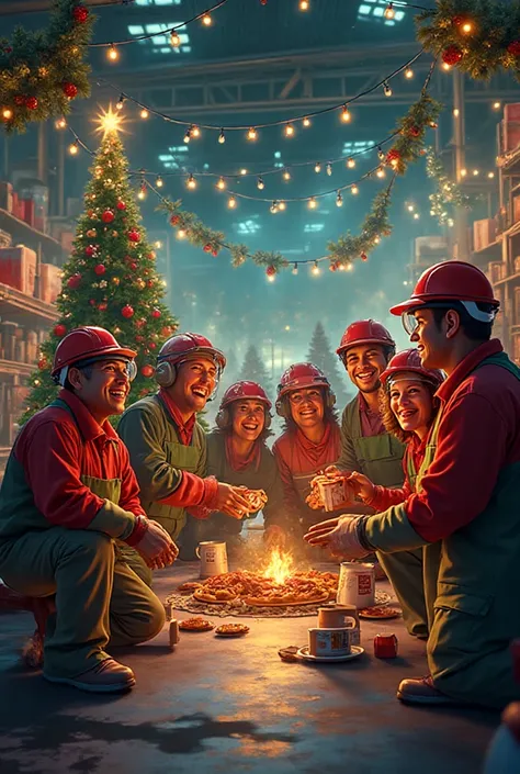 factory workers celebrating Christmas in a safe environment in a paint factory
