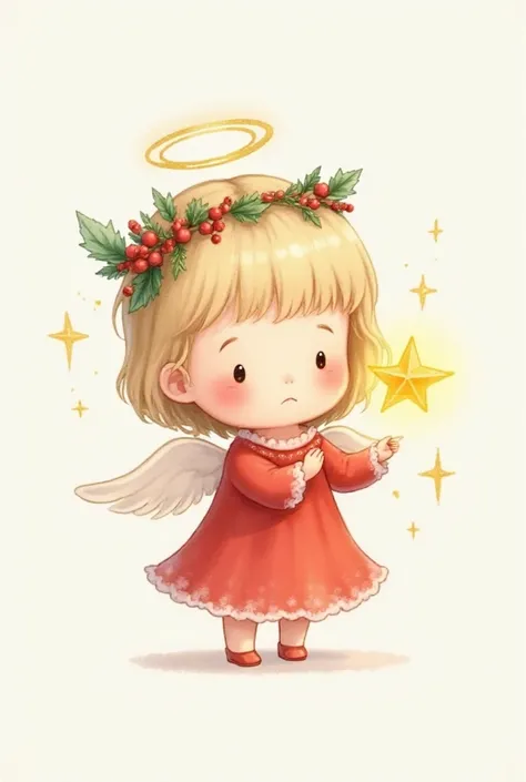 cute Christmas angel child, chibi-style, holding a bright falling star with a magical glow, festive berries and greenery crown, ...