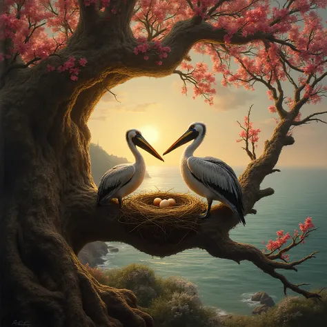 A high-quality painting of two Pelican on the old tree's branch, beside a bird nest, 2 bird egg inside bird nest , full of bloo...