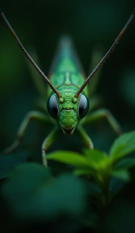 A focused gaze pierces through layers of muted green, held in sharp relief against a softly blurred backdrop. Slender antennae e...