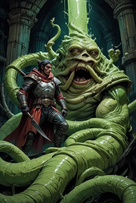 An adventurer who explores dungeons with slimy mucus adhering to walls and fights against giant slugs, masterpiece, top quality,...