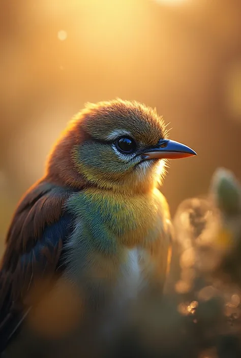 A mesmerizing close-up portrait of a gorgeous little bird illuminated by the soft, golden light of a tranquil morning, with vibr...